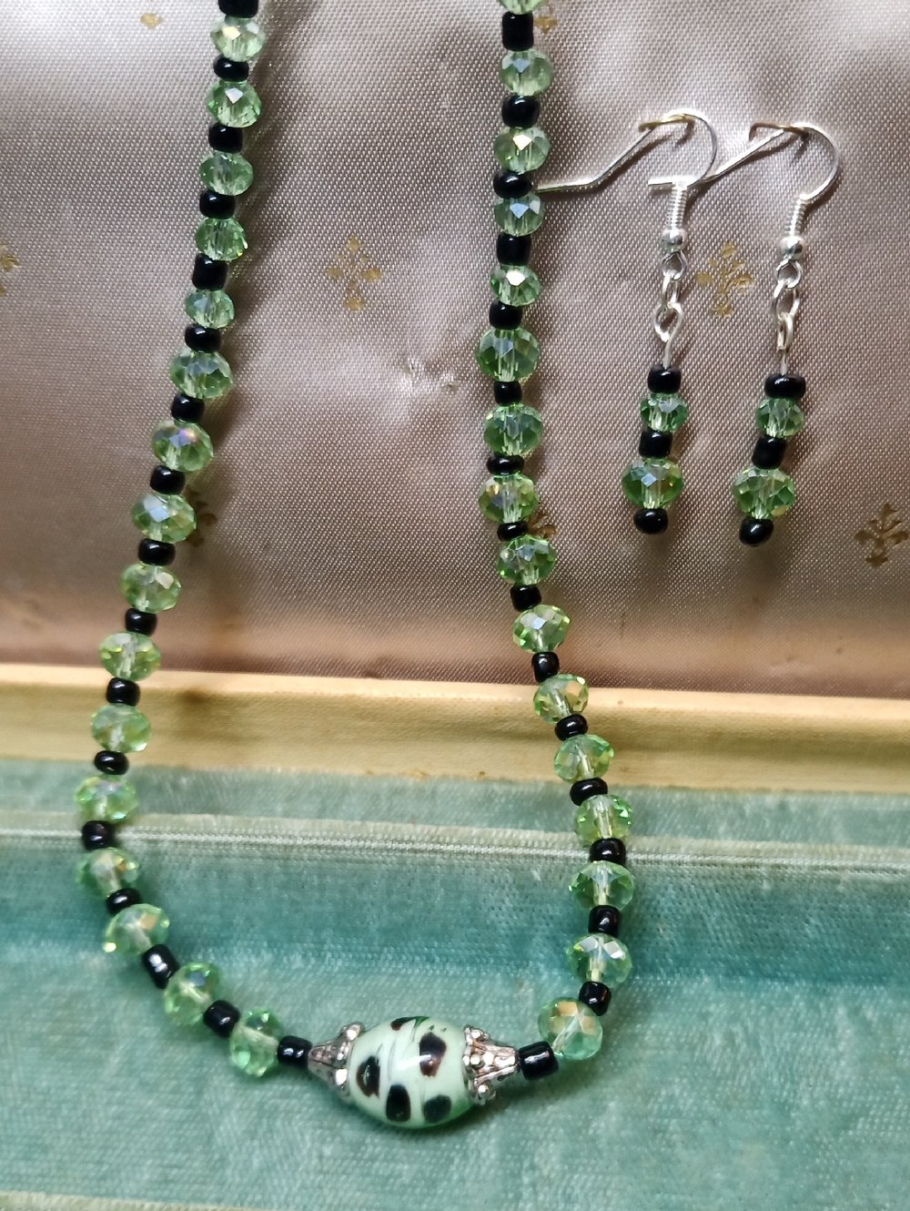 Handmade Glass, Green Crystal Bead Necklace and Earring Set